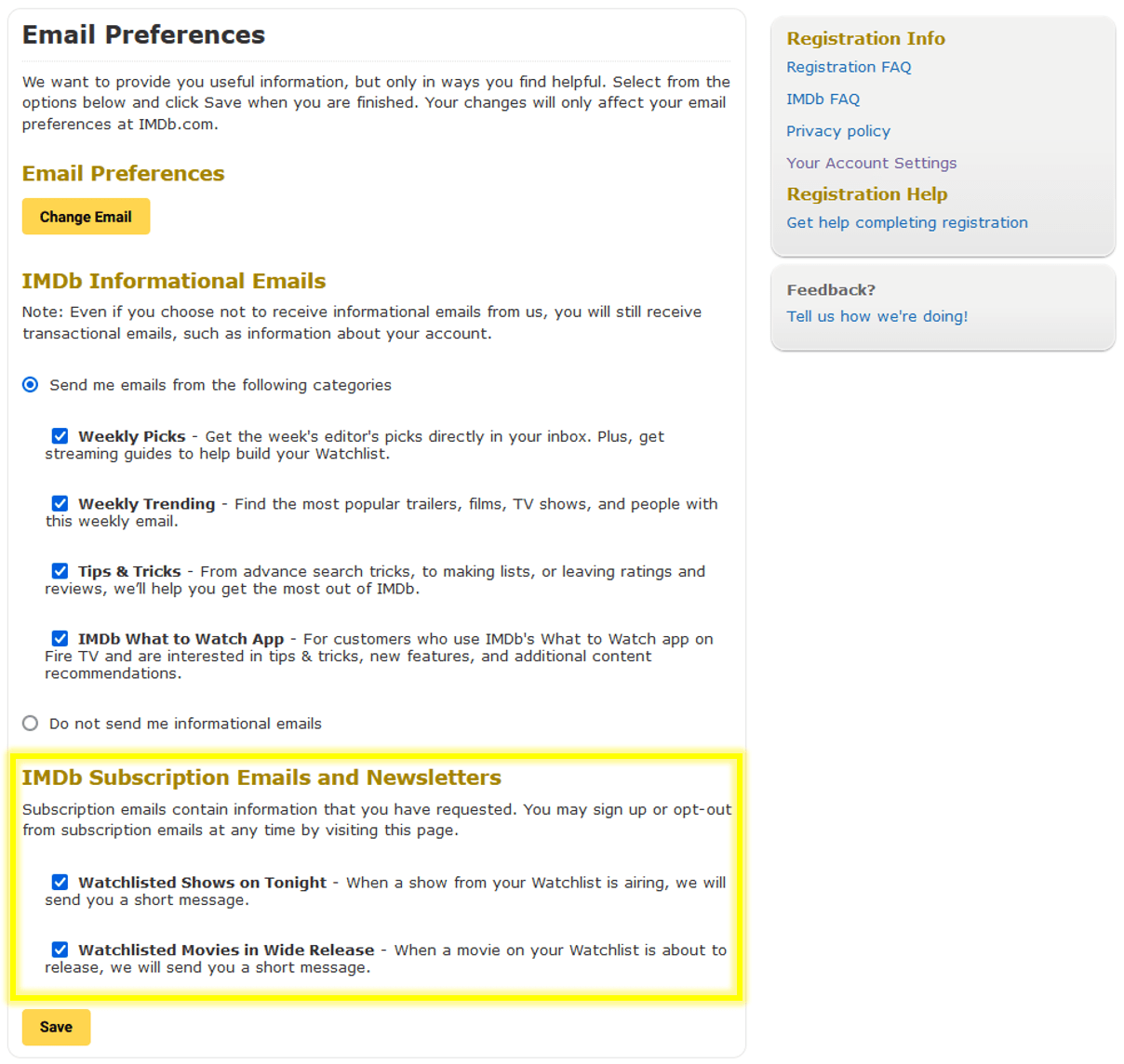 E-mail preferences page with highlighted notification options