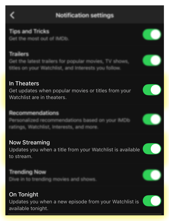 iOS App notifications settings page with highlighted notification options