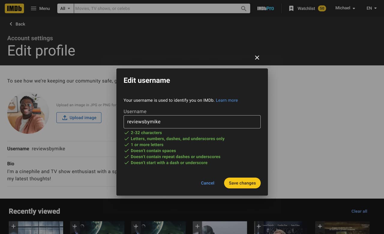 Edit IMDb username on Desktop