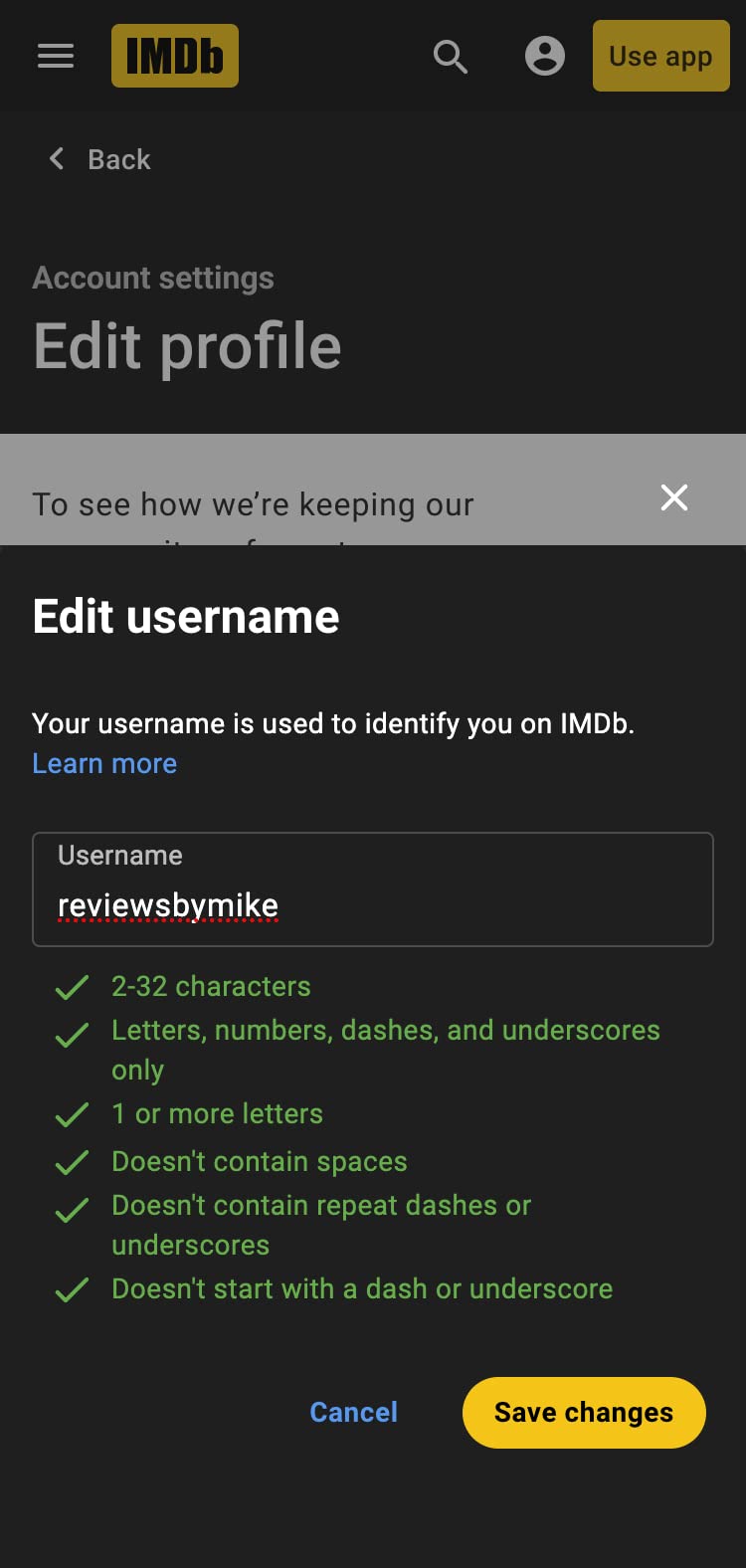 Edit username on mobile site